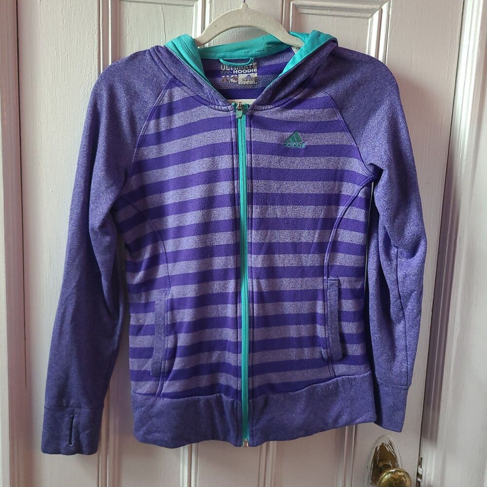 adidas Girls XS Full Zip Hooded Hoodie w/ Pockets Purple/Blue Striped